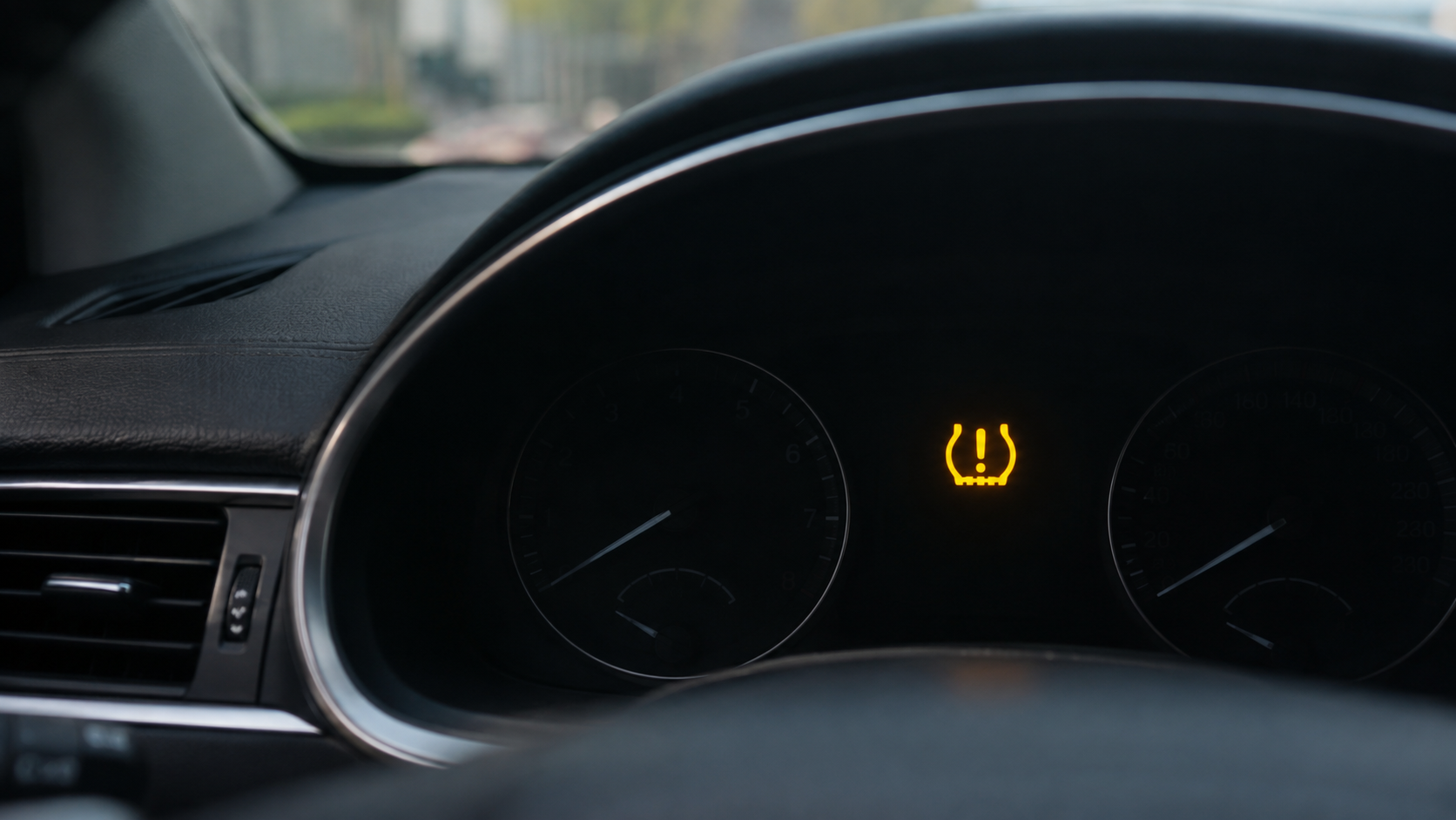 자동차 계기판에 선명하게 켜진 노란색 TPMS 경고등